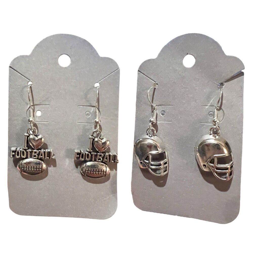 Football Themed Silver Tone Pierced Earrings Set of  2, Helmet, I HEART Football